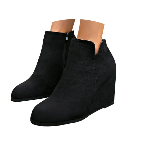 Mepaouo Womens V Cut Wedge Ankle Booties Closed Toe Stacked Wedge Walking Winter Boots(Black,9.5)
