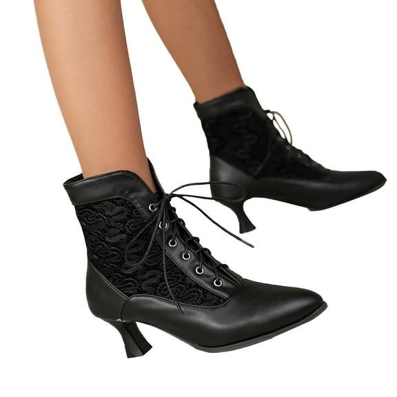 Mepaouo Womens Vintage Kitten Heel Ankle Boots Renaissance Lace Up Pointed Toe Wingtip Witch Booties