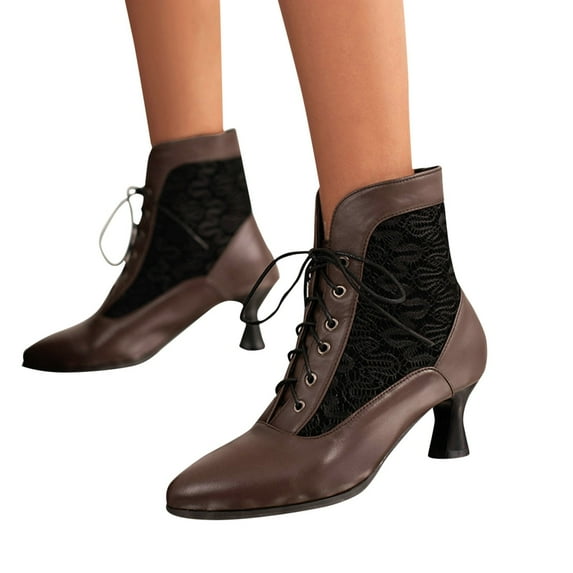 Mepaouo Womens Vintage Kitten Heel Ankle Boots Renaissance Lace Up Pointed Toe Wingtip Witch Booties