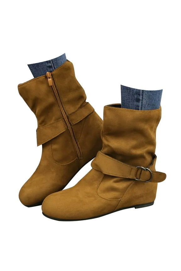 Women's Slouch Mid Calf Boots Round Toe Comfort Buckle Flat Heel Ankle Booties(Yellow,5.5)