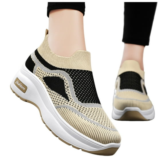 Mepaouo Womens Walking Shoes Sock Fashion Sneakers Slip on Air Cushion Platform Mesh Shoes(Beige,6)