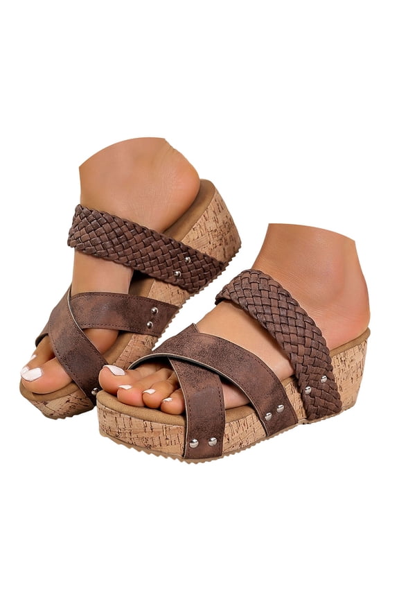 Womens Wedge Sandals Cushioned Open Toe Summer Beach Shoes Braided Band Platform Slip on Slides