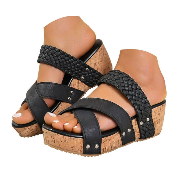 Mepaouo Womens Wedge Sandals Cushioned Open Toe Summer Beach Shoes Braided Band Platform Slip on Slides