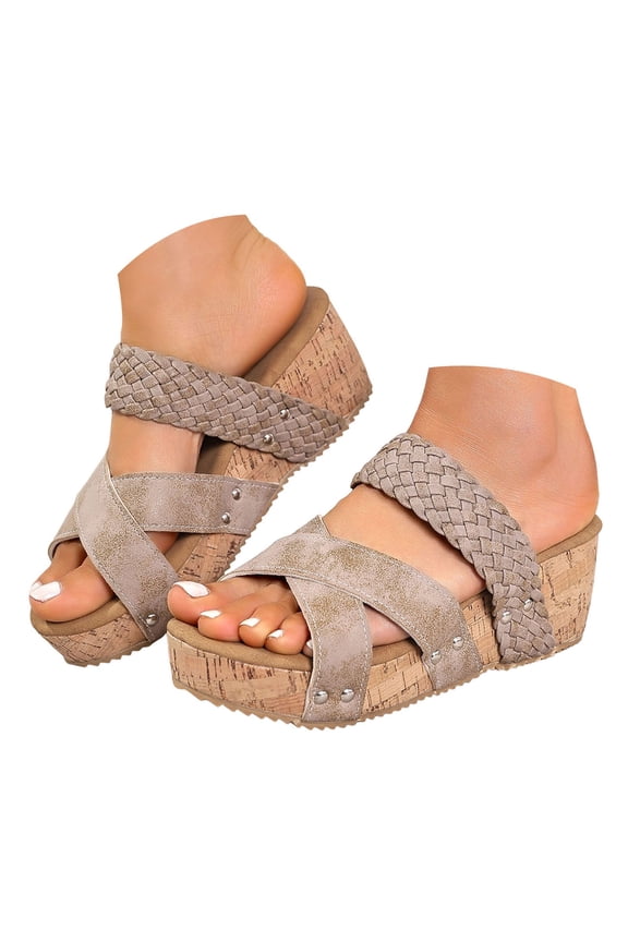 Womens Wedge Sandals Cushioned Open Toe Summer Beach Shoes Braided Band Platform Slip on Slides