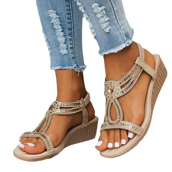 Mepaouo Womens Wedge Sandals Elastic Ankle Strap Rhinestone Summer Flower Shoes Slip on Sandals