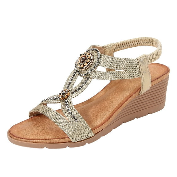 Mepaouo Womens Wedge Sandals Elastic Ankle Strap Rhinestone Summer Shoes Bohemian Dressy Sandal