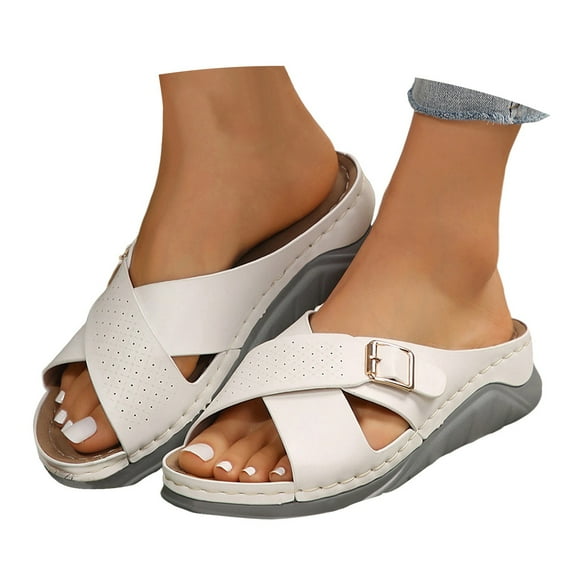 Mepaouo Womens Wedge Sandals Leather Arch Support Orthopedic Walking Shoes Platform Slip on Slippers