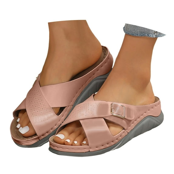 Mepaouo Womens Wedge Sandals Leather Arch Support Orthopedic Walking Shoes Platform Slip on Slippers