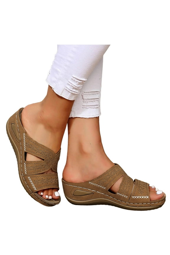 Womens Wedge Sandals Leather Dressy Orthopedic Casual Slip on Summer Shoes Walking Slides