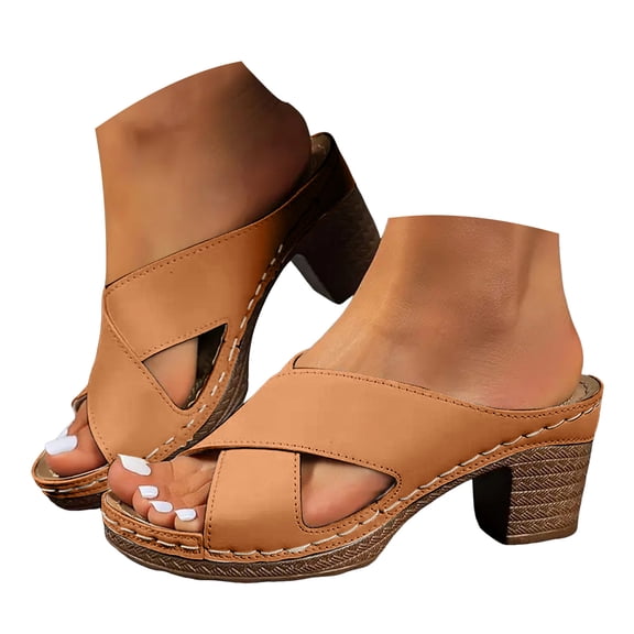 Mepaouo Womens Wedge Sandals Leather Dressy Walking Casual Slip on Summer Shoes Chunky Heel Slides