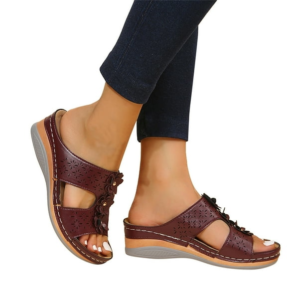 Mepaouo Womens Wedge Sandals Leather Platform Walking Slides Open Toe Summer Beach Shoes Size 6.5