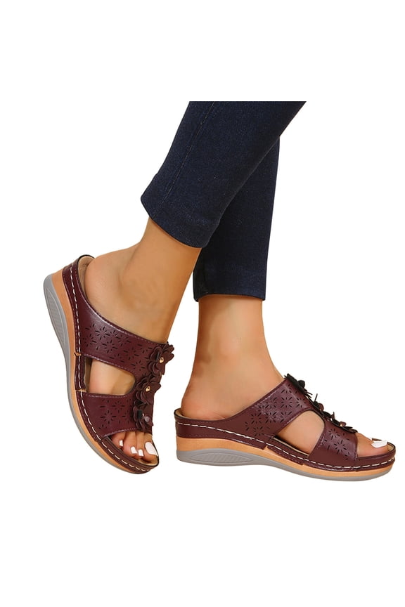 Womens Wedge Sandals Leather Platform Walking Slides Open Toe Summer Beach Shoes Size 6.5