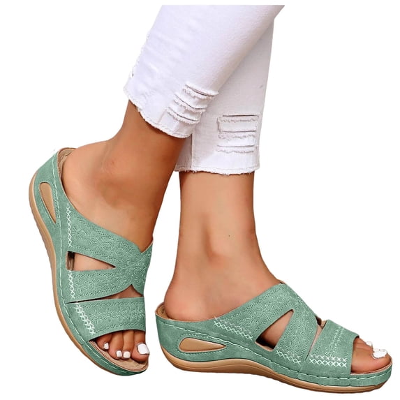 Mepaouo Womens Wedge Sandals Leather Summer Dressy Slides Comfortable Walking Casual Slip on Shoes
