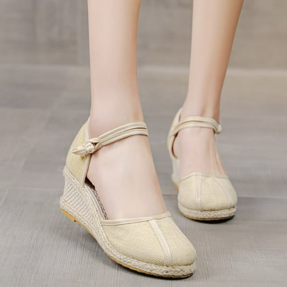 Mepaouo Womens Wedge Sandals Summer Espadrille Heel Platform Closed Toe Casual Walking Shoes Beige Size 8