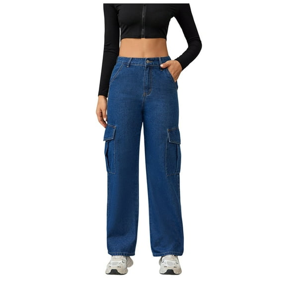 Mepaouo Womens Wide Leg Jeans High Waisted Flap Pocket Cargo Jeans Casual Y2K Denim Pants(Blue,M)