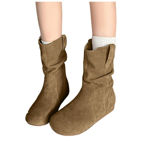 Mepaouo Womens Wide Mid Calf Boots Suede Low Wedge Slouchy Ankle Booties Casual Slip on Winter Shoes