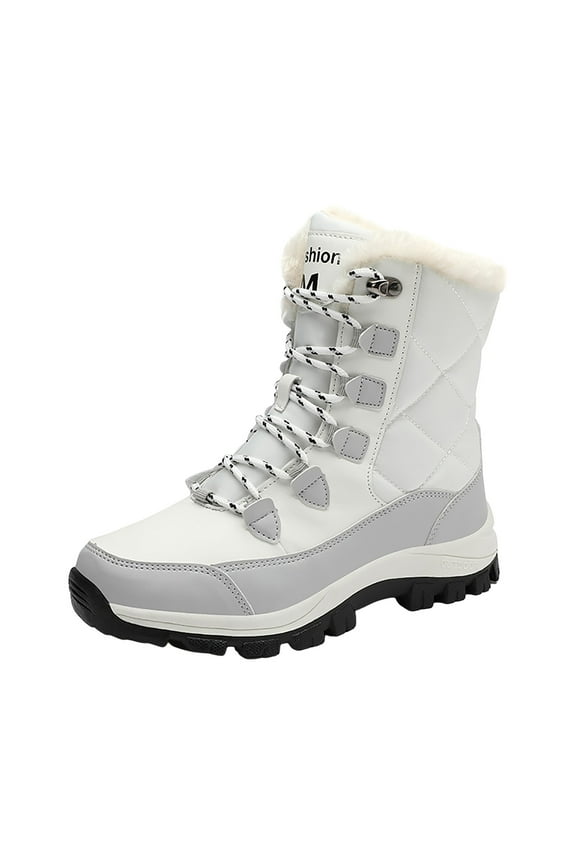 Womens Winter Snow Boots Waterproof Mid Calf Warm Insulated Lace up Boots(White,7.5)