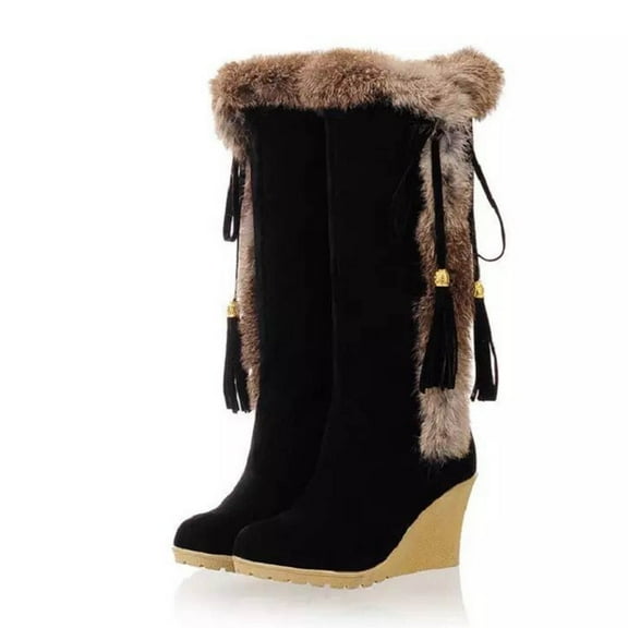 Mepaouo Womens Winter Snow Knee High Boots Wedge Heel Fleece Lined Fuzzy Platform Riding Tall Boot
