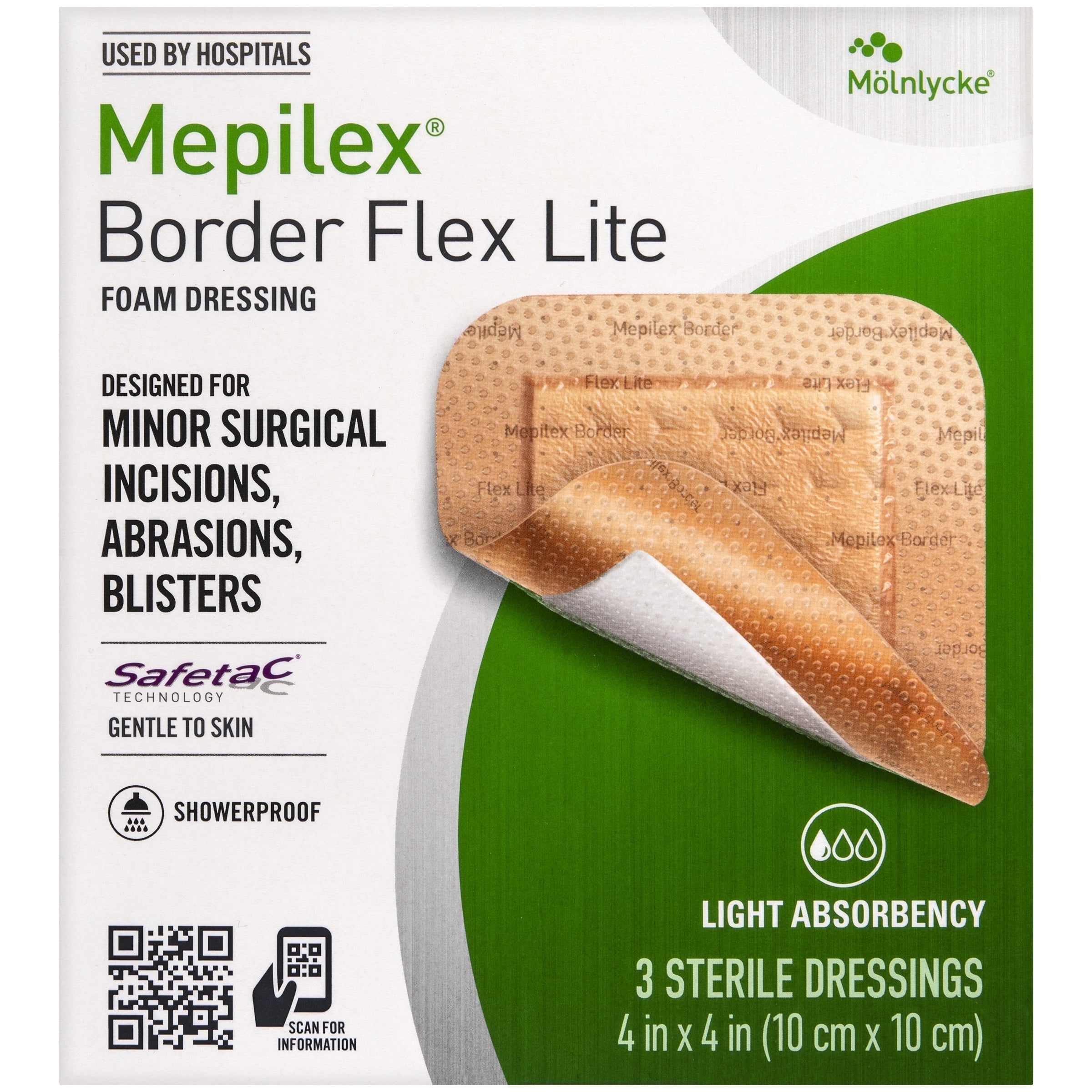 Mepilex Border Flex Lite 4"x4" Hospital Grade Foam Dressings for Several Day Use, 3 Count