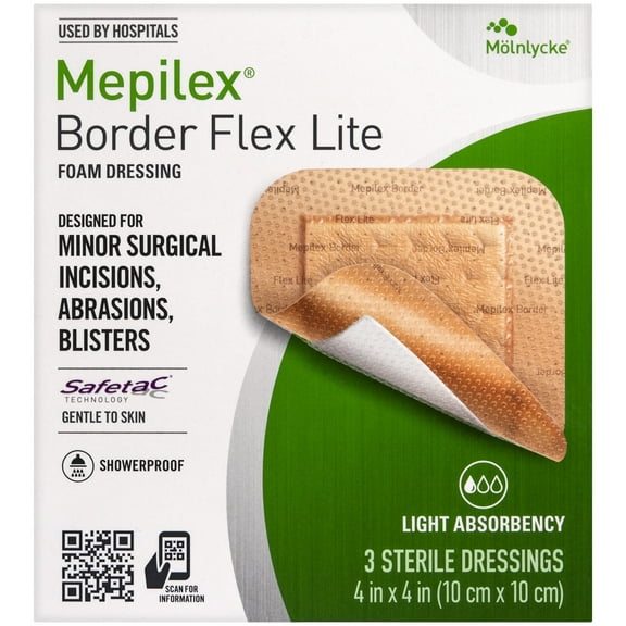 Mepilex Border Flex Lite 4"x4" Hospital Grade Foam Dressings for Several Day Use, 3 Count