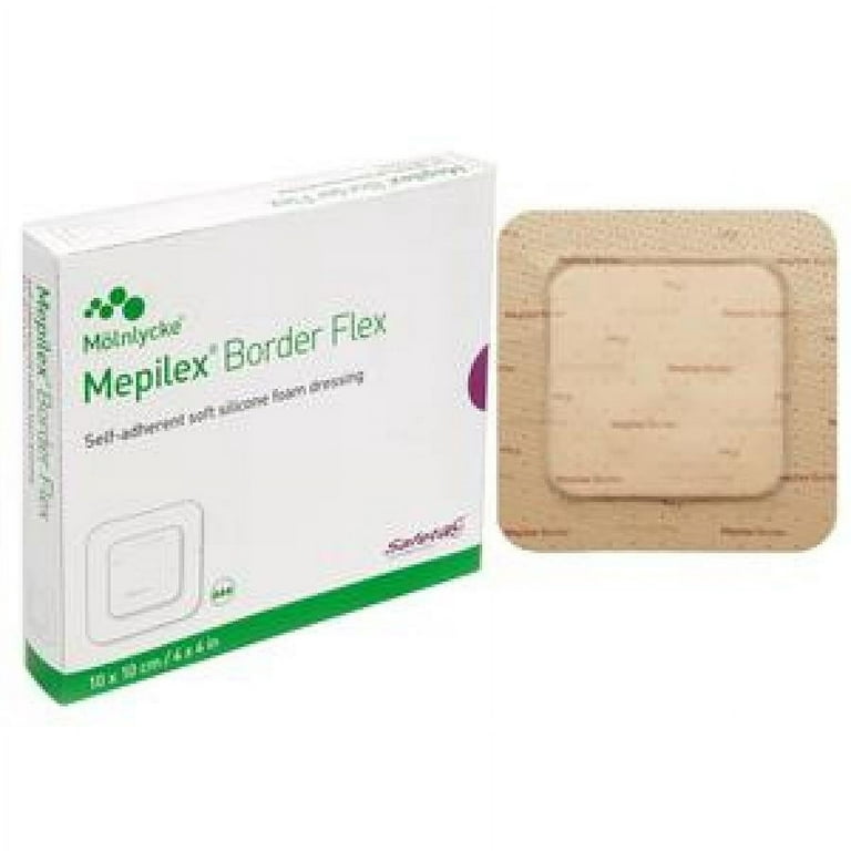 Mepilex Border Flex - Self-Adherent Soft Silicone Foam Dressing, 4 Inches x  4 Inches, Tan, Sterile, 5 Count 
