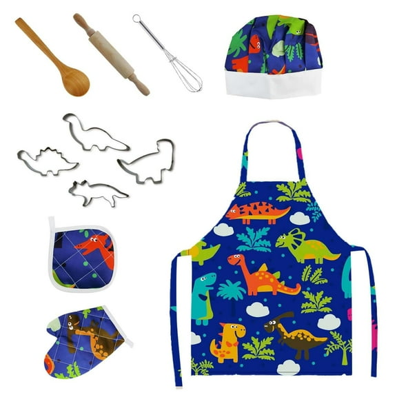 Meponn Kids Cooking Baking 11Pcs Set Dinosaur Pattern with Apron, Hat, Play Utensils for Pretend Play Baking Toys Gift for 3-6 Year Old Boy and Girls