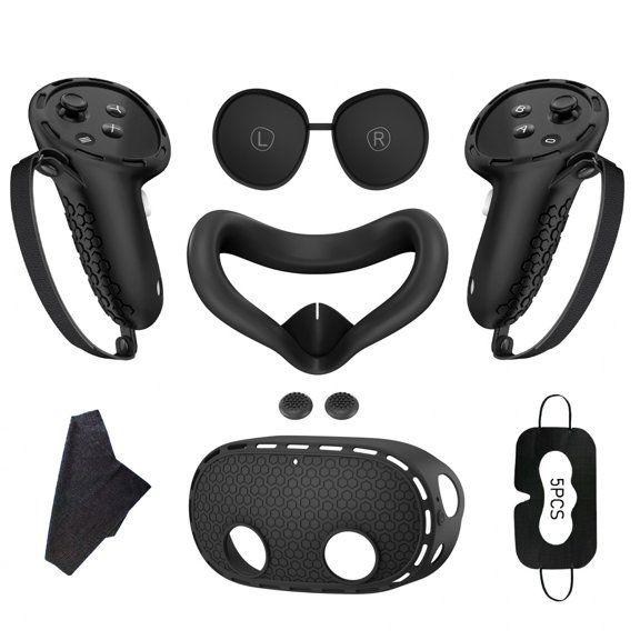 Meponn Silicone Protective Accessory Set for Meta Quest 3s with Controller Grip Covers, VR Headset Shell, Face Cushion & Lens Cover, Black