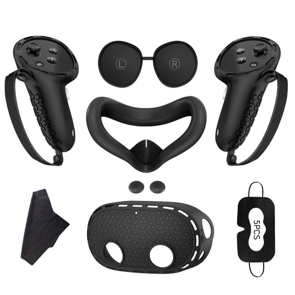 Meponn Silicone Protective Accessory Set for Meta Quest 3s with Controller Grip Covers, VR Headset Shell, Face Cushion & Lens Cover, Black