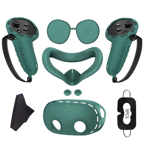 Meponn Silicone Protective Accessory Set for Meta Quest 3s with Controller Grip Covers, VR Headset Shell, Face Cushion & Lens Cover, Green