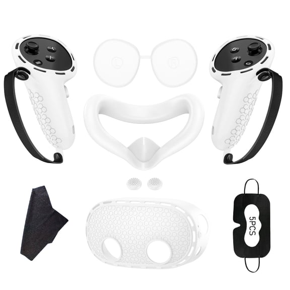 Meponn Silicone Protective Accessory Set for Meta Quest 3s with Controller Grip Covers, VR Headset Shell, Face Cushion & Lens Cover, White