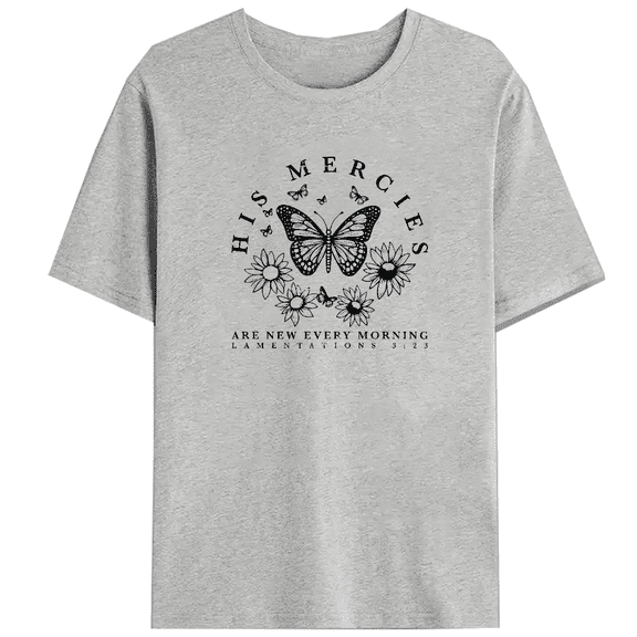 Mer Are New Every Morning Womens Inspirational Graphic Tee Shirt Short Sleeve Christian Tops Gray S-3XL