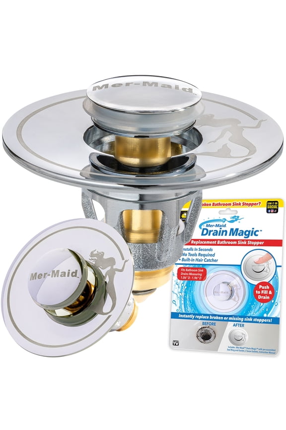 Mer-Maid Drain Magic AS-SEEN-ON-TV Replace Broken or Missing Bathroom Drain Stoppers in Seconds, No Tools, Push To Fill, Hair Catcher Prevents Clogs, Watertight Silicone Seal,Chrome Plated Solid Bras