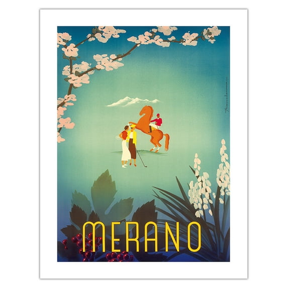 Merano Italy - City of Flowers - Tennis Golf & Riding in the Italian Alps - Vintage Travel Poster by Sergio Franciscone c.1936 - Bamboo Fine Art 290gsm Paper (Unframed) 17x22in