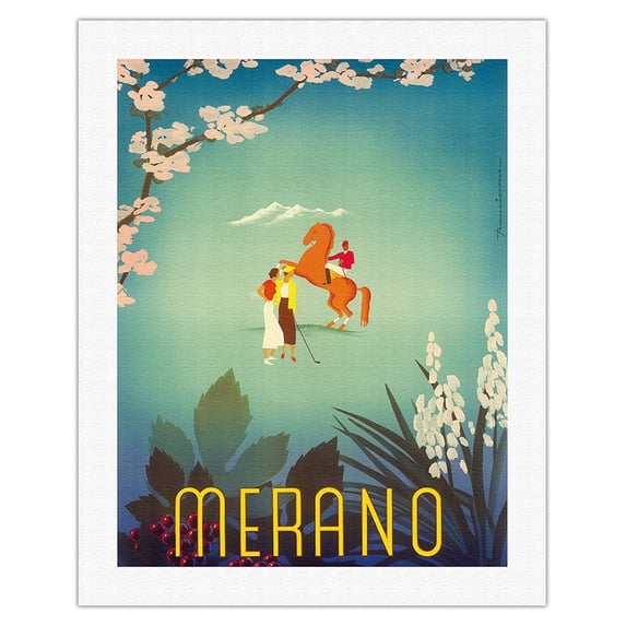 Merano Italy - City of Flowers - Tennis Golf & Riding in the Italian Alps - Vintage Travel Poster by Sergio Franciscone c.1936 - Fine Art Rolled Canvas Print 20in x 26in