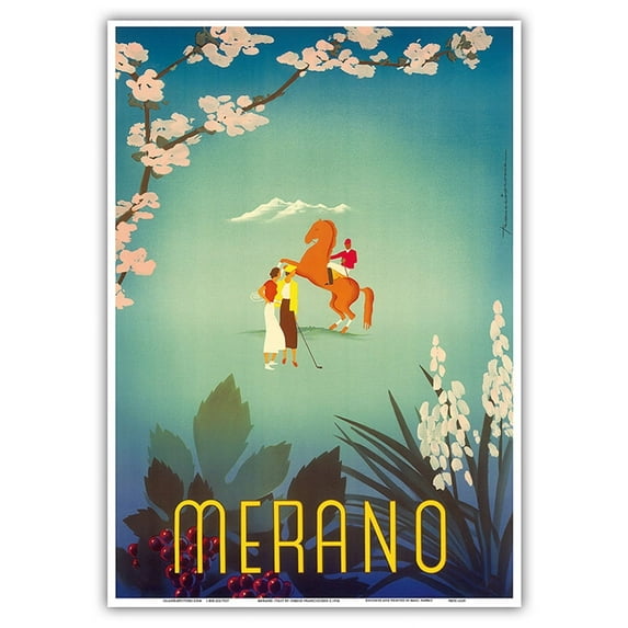 Merano Italy - City of Flowers - Tennis Golf & Riding in the Italian Alps - Vintage Travel Poster by Sergio Franciscone c.1936 - Master Art Print 10in x 14in