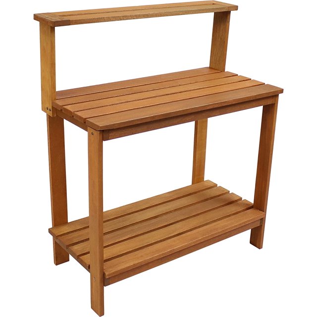 Meranti Wood Outdoor Potting Bench with Storage Shelf Teak Oil Finish