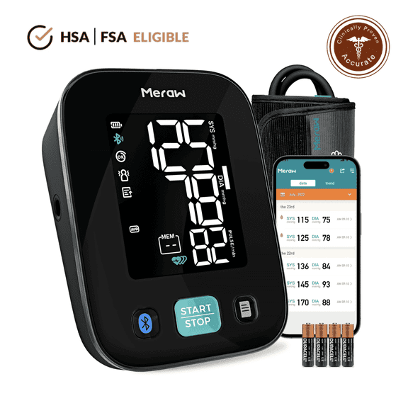 Meraw Cedar Arm Blood Pressure Monitor, Bluetooth App, Automatic Cuff 8.6-16.5", Black