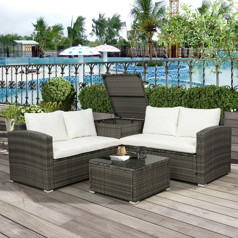 Merax 4 Piece Outdoor Rattan Patio Rattan Wicker Sectional Set With White Cushions Walmart