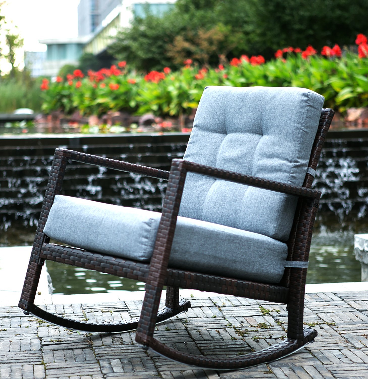 Merax Cushioned Rattan Rocker Chair Patio Glider Lounge Wicker Chair with Cushion(Grey Cushion) - image 1 of 3