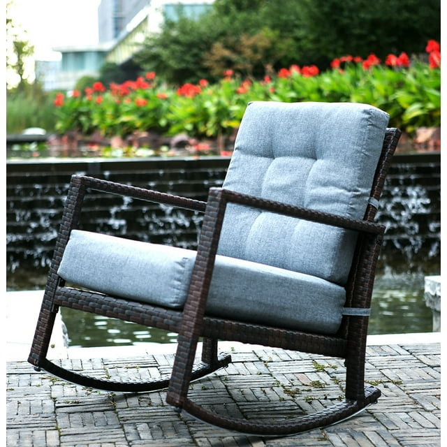 Merax Cushioned Rattan Rocker Chair Patio Glider Lounge Wicker Chair with Cushion(Grey Cushion)