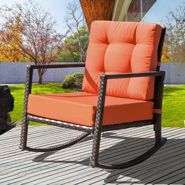 Merax Cushioned Rattan Rocker Chair Patio Glider Lounge Wicker Chair with Cushion(Orange Cushion)