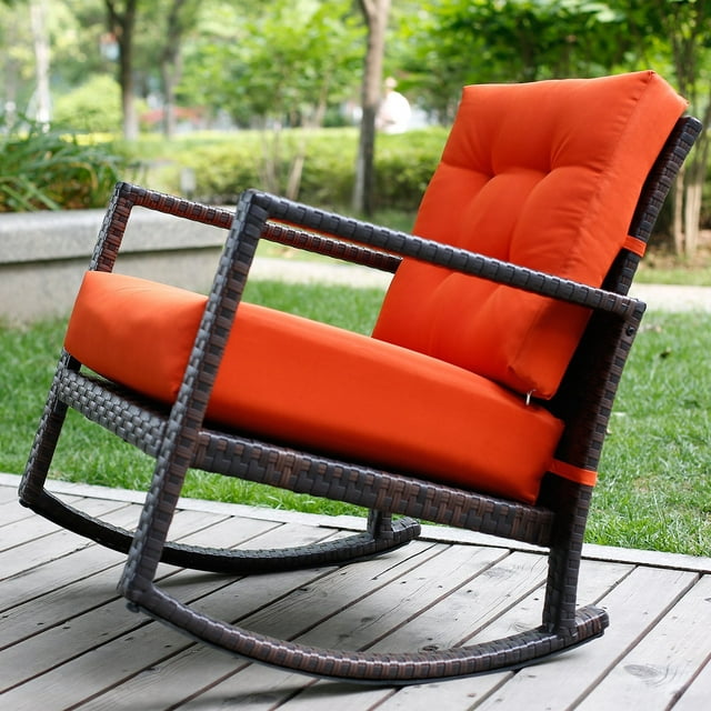 Merax Cushioned Rattan Rocker Chair Rocking Armchair Chair Outdoor Patio Glider Lounge Wicker Chair Furniture with Cushion
