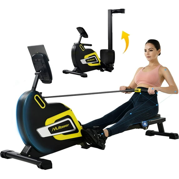 Merax Folding Magnetic Rowing Machine with Performance Monitor and 14-Level Resistance Indoor Rower Machine Exercise Equipment with 46 Inch Slide Rail, 330 LB Max Weight for Home Use (Yellow)
