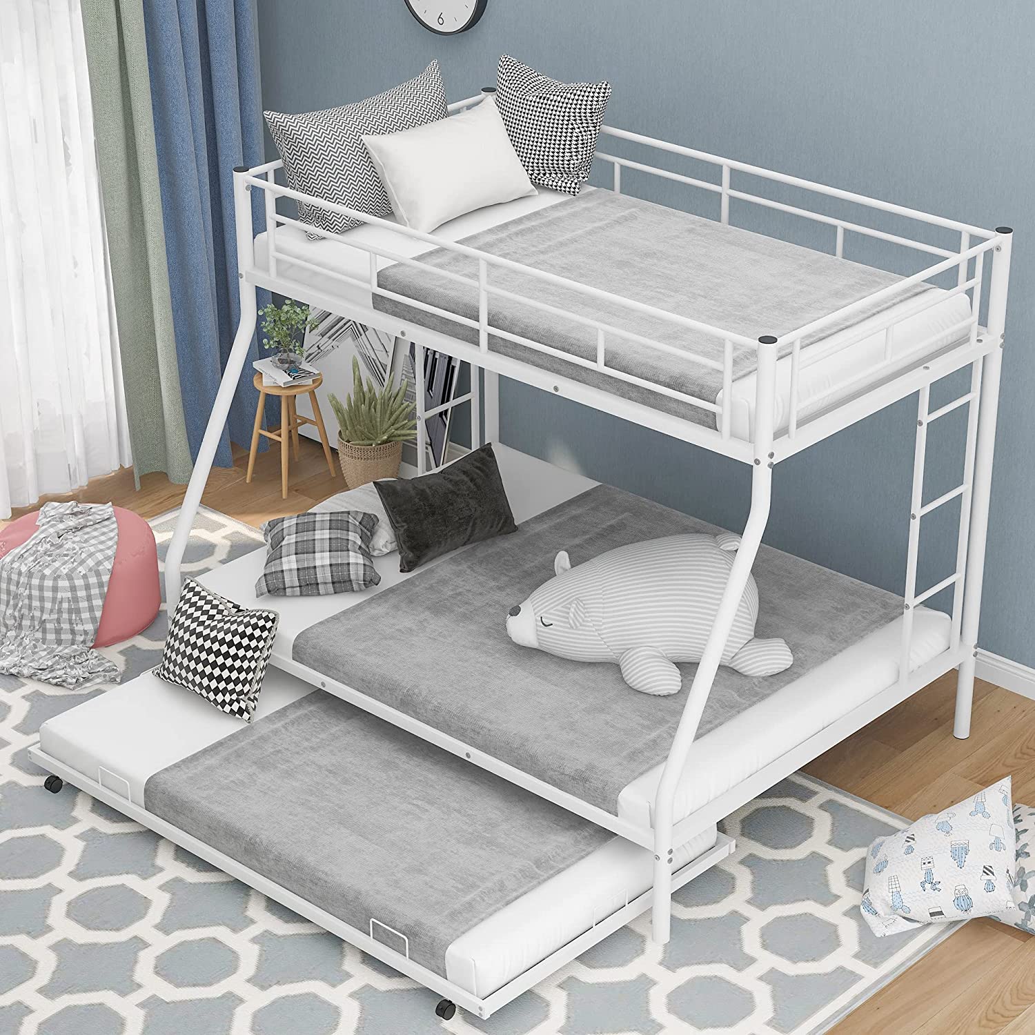 Merax Twin Over Full Bunk Bed with Trundle 3 in 1 Triple Bunk Beds Sturdy Steel Bunk Beds Frame
