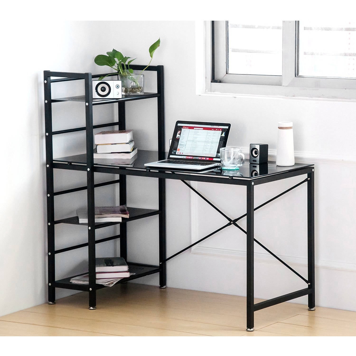 Merax White Glass Computer Desk with Shelves Home and Office Table