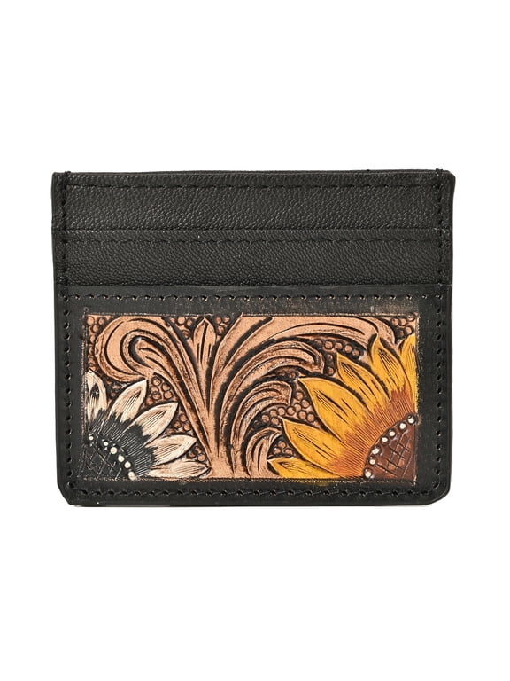 Genuine Leather Western Card Wallet, Hand-Painted Sunflower, Horse & Cactus Designs, Slim Credit Card Holder