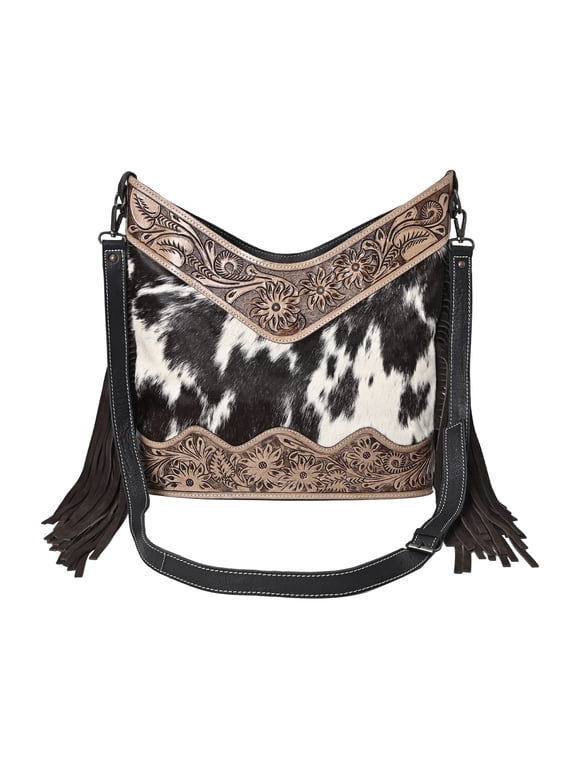 Leather Cross Body Bag Purse for Woman Sling Bag with Zipper Natural Cowhide Hand Tooled Western Design Shoulder Bags With Detachable & Adjustable Strap Boho Pattern (12x14 inch, Tan)