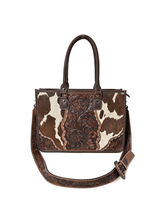 Leather Tote Bag Western Cowhide Hair-On Purse for Women Shoulder Bag Handtooled Floral Design with Adjustable Strap (Brown-1)