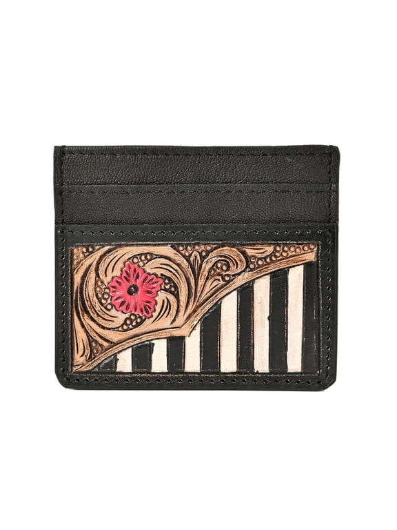 Rustic Western Leather Card Holder for Men & Women, Hand-Tooled Cowgirl & Rodeo Artwork, Slim Pocket Wallet