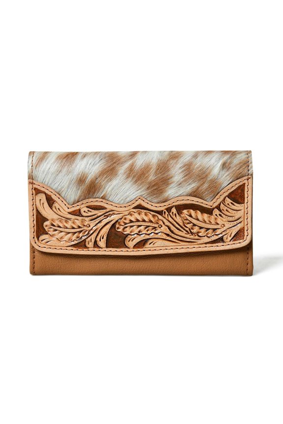 Sundown Stash Genuine Cowhide Leather Wallet for Women - Handmade RFID Blocking Trifold Wallet, Hair-On Hide with Tooled Leather Design, Western Style Purse A101